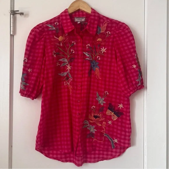 Johnny Was Pink Embroidered Gingham Button Down Blouse - Picture 2 of 11